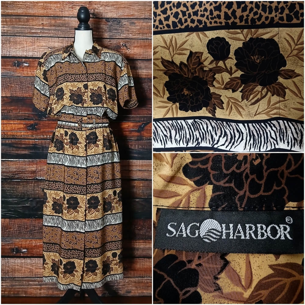 Vintage Sag Harbor Dress 10 Belted Button Down Midi Brown Floral